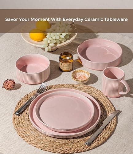 GBHOME Stoneware Dinnerware Sets for 4,12-Piece Plates and Bowls Set | Ribbed Reactive Glaze Ceramic Dish Set, Scratch Resistant, Dishwasher&Microwave Safe,Blush Pink thumbnail 7