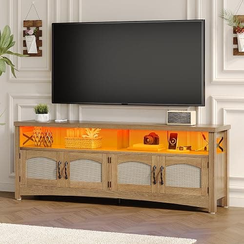DWVO Farmhouse TV Stand for 65 inch TVs, LED Entertainment Center with Storage, TV Console with Power Outlets, Wooden Bar Coffee TV Table with Shelves for Living Room (Oak) - Image 1