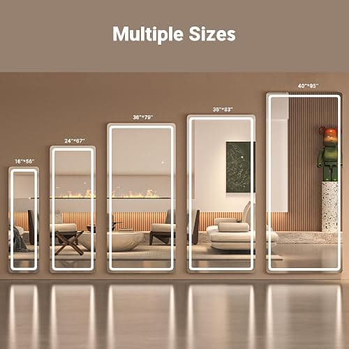 WINNICE Full Length Mirror with Lights, 56" x 15.8" LED Lighted Floor Standing Body Mirror, Dimmable & 3 Color Lighting Cloakroom, Dressing Room, Tempered Glass, Rounded Corner White thumbnail 3