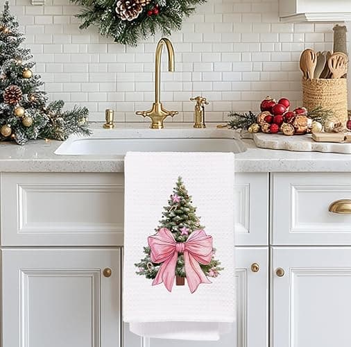 bitCNY Christmas Kitchen Towel – Pink Bow Tree Waffle Weave Dish Towel, Cute Holiday Hand Towel for Christmas Decor or Gift, 16x24 Inch thumbnail 4