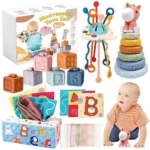 Montessori Baby Toys 6-12 Months, 4 in 1 Montessori Toys Set 6 Months Old+, Stacking Building Blocks Infant Toys, Tissue Box Toy, Baby Sensory Toys for 1 2 3 Year Old Boy Girl - 4 in 1 toy - Image 1