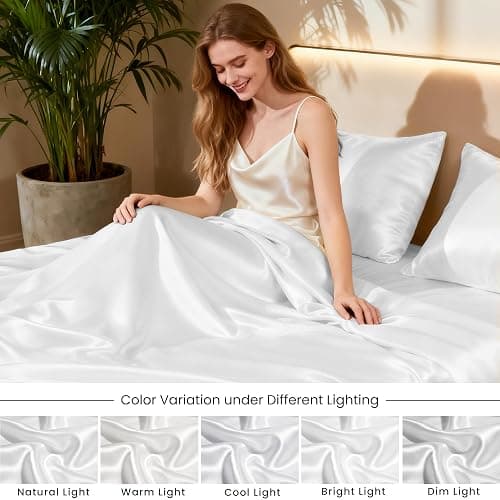 Love's cabin Full Size Satin Sheet Sets - 4 Piece White Silky Satin Sheet Set Full with Deep Pocket, Luxury Silk Feel Satin Bed Sheets Full Bedding Set (1 Flat Sheet,1 Fitted Sheet,2 Pillow Cases) thumbnail 7