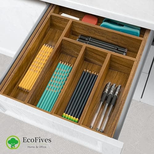 EcoFives Luxury Acacia Kitchen Drawer Organizer - Silverware Organizer - Utensil Holder and Cutlery Tray with Grooved Drawer Dividers for Flatware and Kitchen Utensils (8 Slot) thumbnail 4