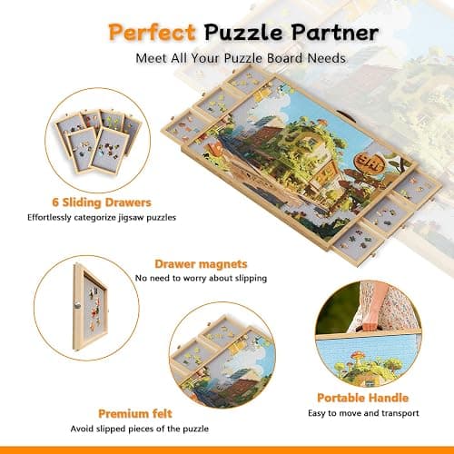 Opprut 1500-Piece Rotating Puzzle Board with Drawers and Cover, Puzzle Tables for Adults, Portable Jigsaw Wood Table with 6 Storage Drawers, Non Slip Felt and Handle, Ideal Gift（35.1"x26"） thumbnail 4