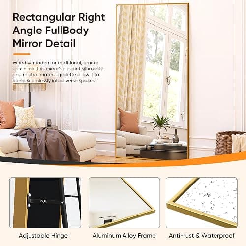 Suidia Full Length Mirror, 58"x18" Floor Standing Mirror Freestanding, Full Body Mirrors with Stand for Bedroom, Hanging Mounted for Living Room Cloakroom, Gold, Rectangular Style thumbnail 8