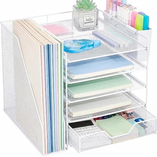 Gugsey 5-Tier Desk File Organizer with Drawer & Pen Holder (White) | Desk Organizers and Accessories, Office Desk Accessories & Workspace Desktop Organizers for Classroom, Home, Office Supplies - Image 1