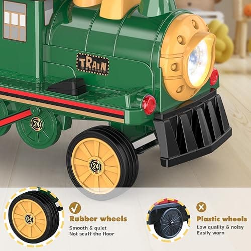 ANPABO 2-Seater Ride On Train Trackless, 12V Kids Car with Height-Adjustable Seat, Extra Storage, Headlight, Train Whistle & Music, Electric Car for Kids 3+ (Carriage Not Included), Green thumbnail 5