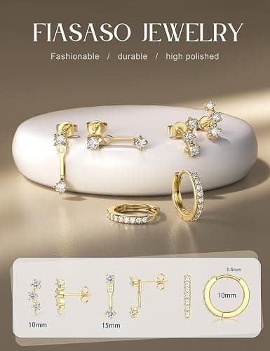FIASASO 3 Pairs 925 Sterling Silver Hypoallergenic Earrings for Women Trendy - 14K Gold Plated Stud Hoop Cartilage Earrings Set Small Earring Stacks for Sensitive Ears Non Tarnish Dainty Silver Earring thumbnail 2