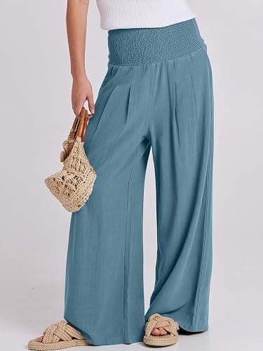 ANRABESS Women Linen Palazzo Pants Summer Boho Wide Leg High Waist Casual Lounge Pant 2025 Beach Travel Vacation Outfits thumbnail 2