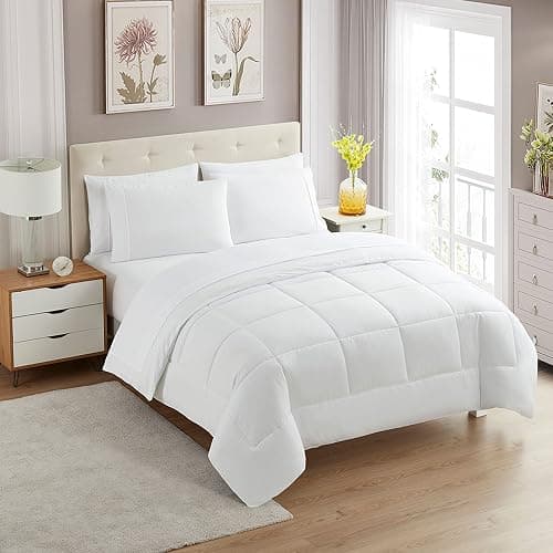 Sweet Home Collection 7 Piece Comforter Set Bag Solid Color All Season Soft Down Alternative Blanket & Luxurious Microfiber Bed Sheets, White, Queen - Image 1