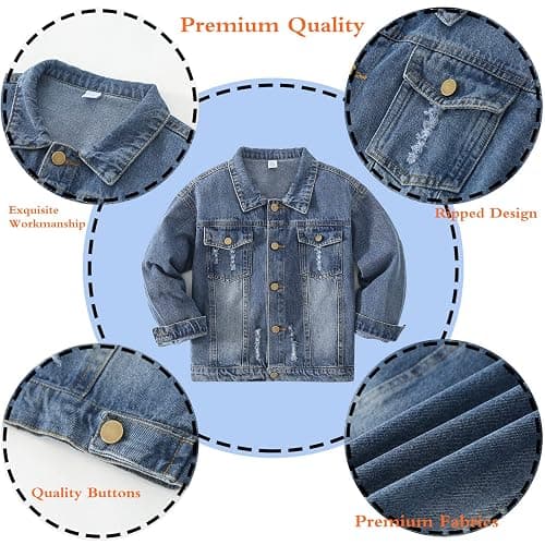 Girls Boys Jean Jacket for (4-14 Years Kids) Trendy Cozy Soft Ripped Denim Coat Casual Outerwear School Travel Teen Gift thumbnail 5