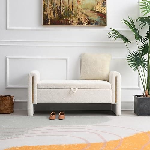 QianYueLUX Modern 52" Storage Ottoman Bench, Upholstered End of Bed Storage Bench with Armrests, Entryway Bench, Teddy Foot Rest Stool for Living Room Hallway Bedroom (White) thumbnail 8