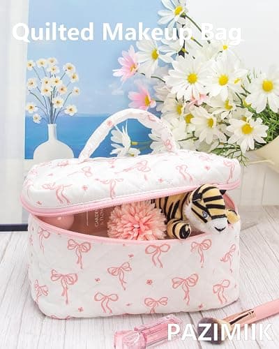 Quilted Makeup Bag Large Travel Zipper Soft Cosmetic Case for Women Girls Make Up,Bow Pink thumbnail 3