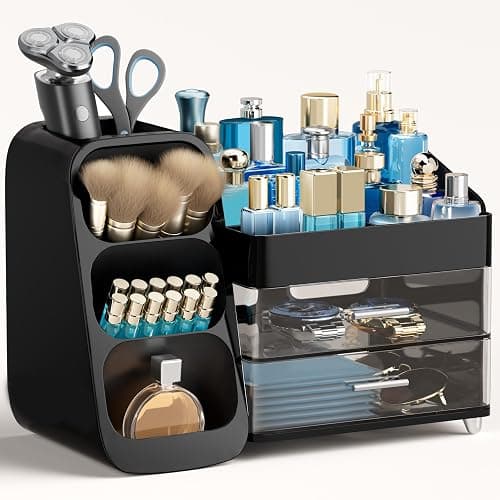 HBlife Makeup Organizer with Brush Holder for Vanity, Large Plastic Bathroom Countertop Organizer Cologne Organizer for Men, Easy to Store Lipsticks, Nail Polishes, Perfumes, Eyeshadow Palettes, Black - Image 1