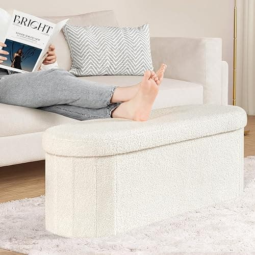 PINPLUS Storage Ottoman Bench Tufted Oval Ottomans Bench Foot Rest, Chest Box Velvet Bench with Storage, 43"x15"x15" (White) thumbnail 4
