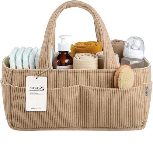 PUTSKA Baby Diaper Caddy Organizer for Changing Table – Stylish Nursery Storage Basket, Newborn Essentials, Baby Shower Gifts and Registry Must-Haves for Boy or Girl, Car Diaper Caddy, Corduroy Mocha - Image 1
