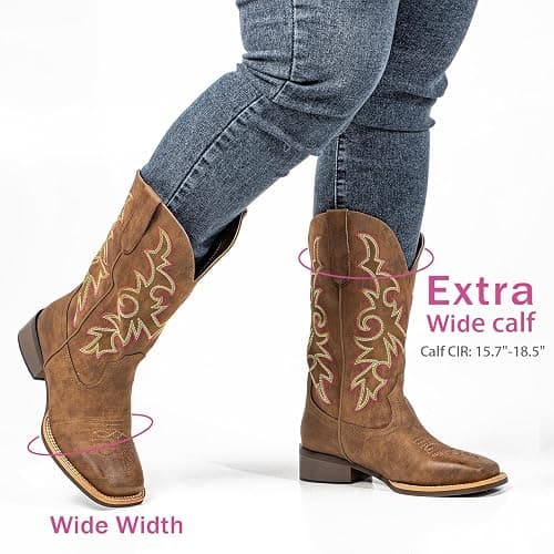 SheSole Women's Extra Wide Calf Cowboy Boots Square Toe – Pull-On Western Boots for Thick Calves, Stretch Comfort & Removable Insole, Classic Western Pattern thumbnail 3