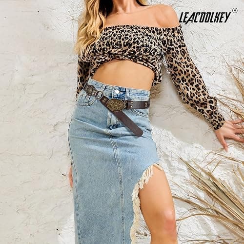 LEACOOLKEY Western Concho Rivet Belt for Women Vintage Leather Belt Western Waist Belt for Skirts Jeans thumbnail 4