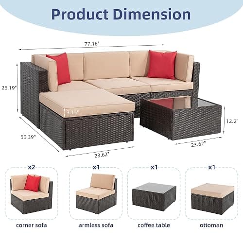 Vongrasig 5 Piece Patio Furniture Sets, Outdoor Patio Set Sectional Sofa, All-Weather PE Rattan Outdoor Couch with Ottoman, Glass Table for Garden, Backyard, Porch, Beige thumbnail 2