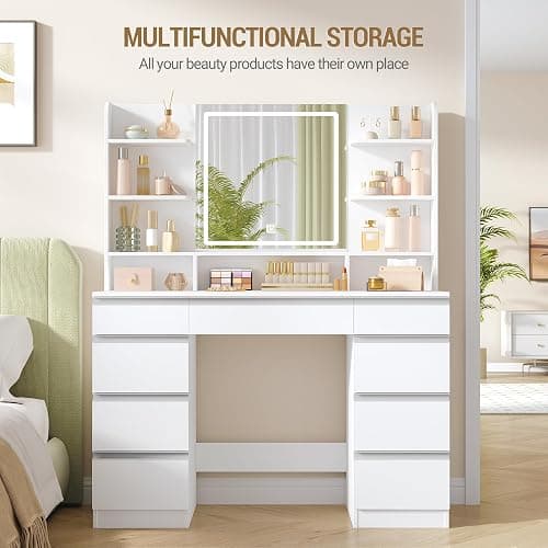 Hzuaneri 9 Drawers Vanity Desk with LED Light, Dressing Table with Large HD Mirror, 9 Open Storage Spaces Makeup Vanity for Bedroom, 3 Colors LED Strip, White DT41903WCA thumbnail 6