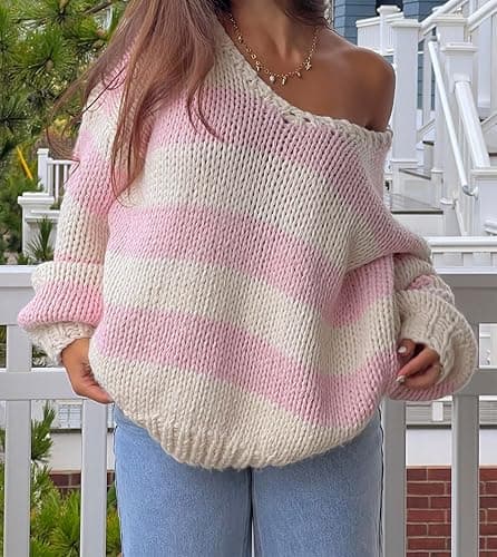 Women Striped Knit Sweaters 2025 Oversized Fall Winter Drop Shoulder Color Block Long Sleeve Loose Fit Pullover Tops thumbnail 2