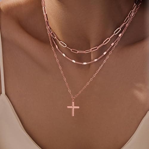 Poxtex Layered Gold Necklaces for Women,Stackable Dainty 14K Gold Silver Plated Trendy Circle Paperclip Chain Pendant Choker Necklace,Simpl Diamond Cross Bow Jewelry Set Gifts for Women thumbnail 2