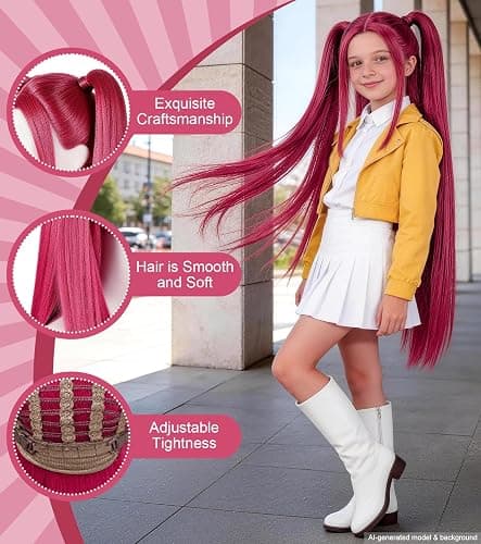 Hot Pink Cosplay Wig for Kids with 2 Ponytails, Long Straight Synthetic Wig | Synthetic anime-style wig for Halloween,carnival,costume parties, cosplay role play,and themed dress-up events thumbnail 6