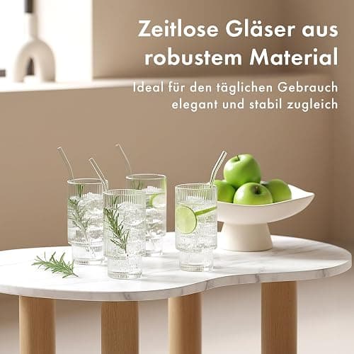EDELHAUS Gläser Set 4-teilig mit Strohhalm (300ml) - Geriffelte Cocktailgläser, Riffle, Ripple Aesthetic, Gin, Trinkgläser Set, Longdrinkgläser, Matcha Gläser thumbnail 4