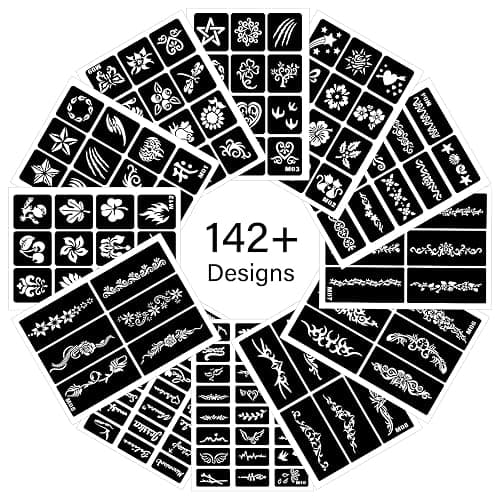 12 Temporary Tattoo Stencils,142 PCS Henna Stencils Reusable Tattoo Stencils for Face Body Art Painting for Women Men Adults Kids - Image 1