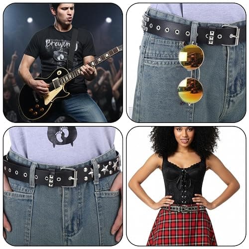 Leooomap 6Pcs Studded Belt Set for Men & Women - Punk Gothic Rivet Faux Leather Belts with Double Grommet, Square Studs, Small & Large Star Designs Adjustable Waist Belt for Jeans Costume Party Gift thumbnail 7