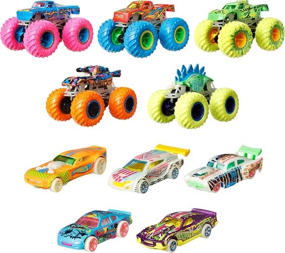 Hot Wheels Toy Monster Trucks 10-Pack of Glow-in-the-Dark 1:64 Scale Vehicles, GITD Set of 5 Trucks & 5 Cars, Play Vehicles for Kids & Collectors thumbnail 2