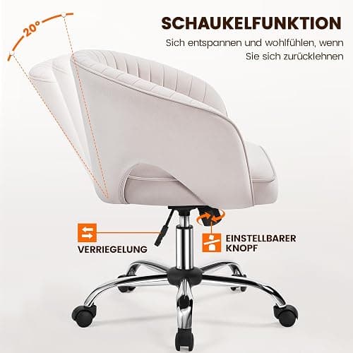 Yaheetech Schminkstuhl mit Samtbezug, Schreibtischstuhl mit Armlehnen, Drehstuhl mit Rollen, Höhenverstellbar Homeoffice Stuhl, Bürosessel mit Schaukelfunktion, drehbar Polsterstuhl Cremeweiß thumbnail 7