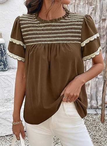 Dokotoo Womens Summer Smocked Tops Crewneck Short Ruffle Sleeve Blouses | Flowy Boho Clothes,Stylish Lace Trim,Summer Outfits,Striped,Casual Layered Sleeve,Babydoll Shirts,Texture,Back Keyhole thumbnail 7