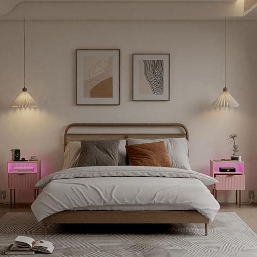 JOONEE Modern Nightstand with Charging Station and LED Lights, White Bedside Table with Drawer, Fluted Side Table for Living Room, Bedroom thumbnail 7
