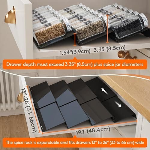 Lifewit Spice Drawer Organiser, Spice Rack for Inside Drawer, Adjustable Seasoning Jars Storage Tray for Cupboard, 64 Acrylic Drawers Shelf for Kitchen, Countertop, Cabinet, 4 Tiers, Set of 8, Black thumbnail 5