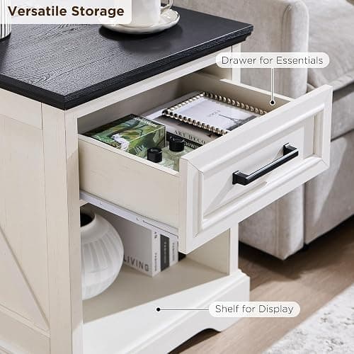ACCOHOHO 18" Farmhouse Nightstand with Charging Station, Bedside Table with Drawer and Large Open Shelf, Rustic End Table for Bedroom - White thumbnail 4
