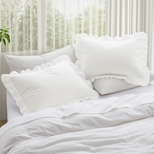 KKJIAF Ruffle Pillow Cases Standard Size Set of 2, Ruffled Pillow Covers with Envelope Closure, Wrinkle Resistant Pillowcases 20" x 26", Ruffled Pillow Shams, White thumbnail 2