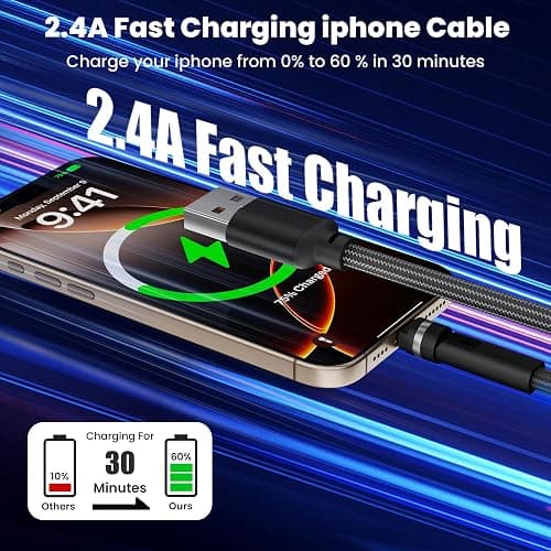 90 Degree iPhone Charger Swivel Head Cable - 6.6FT Rotating Lightning Charging Cable Nylon Braided 180 & 360 Degree Right Angle Swivel Lightning Cord with Fast Charging, Data Sync, CarPlay for iPhone thumbnail 5