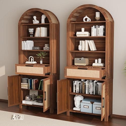 Janmer Home 79" Tall Arched Bookcase with Storage, Mid Century Modern 6-Tier Cabinet with Door and Drawer, Arched Bookshelf with Open Display Shelf for Office Living Room(Walnut, 79inch-Doors) thumbnail 6