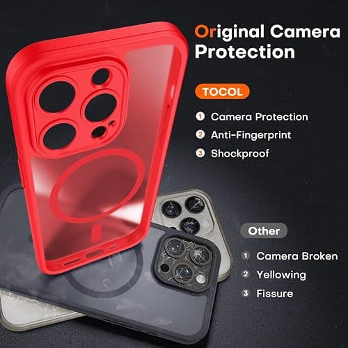 TOCOL Magnetic for iPhone 15 Pro Max Case 6.7-Inch, Fit for MagSafe, Upgraded [Full Camera Protection], [14FT Military Grade Drop Tested] Shockproof Slim Translucent Matte Back Cover (Red) thumbnail 5