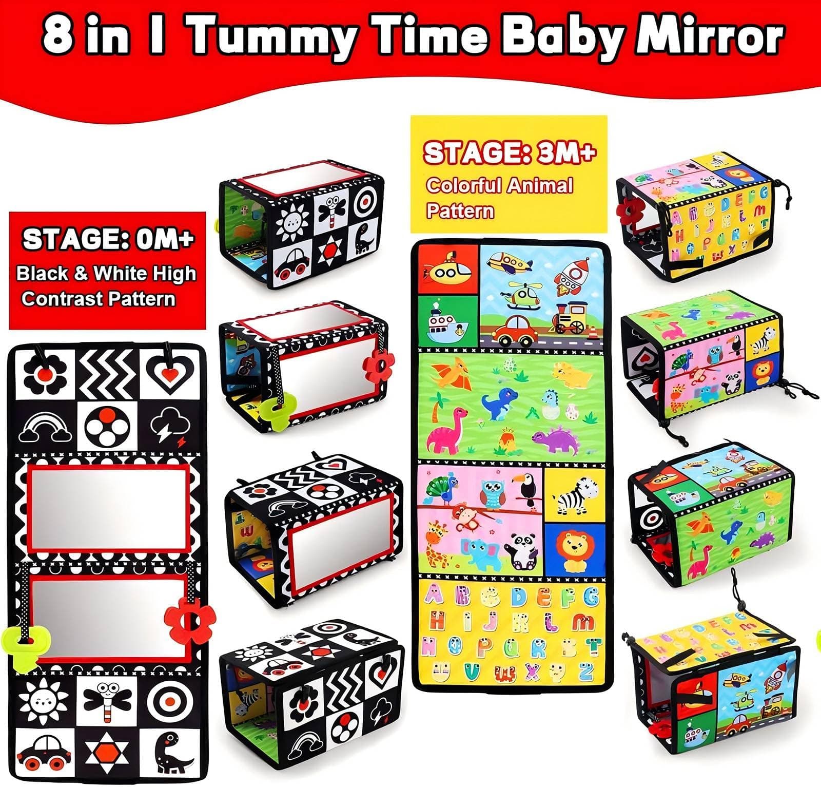 Double Tummy Time Mirror, Newborn Gifts Toys, Infant Toys 0-6 Months Brain Development Foldable Mirror, High Contrast Crawling Sensory Toy 3 6 9 12 Month Boy Girl thumbnail 3