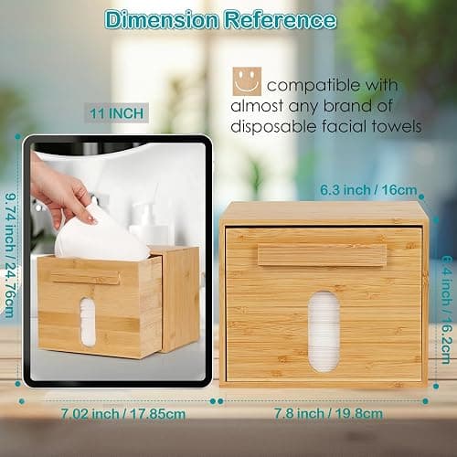Disposable Face Towel Holder Bamboo Storage Box, Facial Towels Container Box with Drawer, Clean Towel XL Organizer for Bathroom(Excluding Facial Towels) thumbnail 3