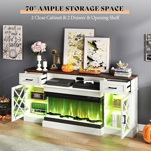 AMERLIFE Farmhouse LED Fireplace TV Stand with 3-Sided Glass Fireplace, 70" Large Entertainment Center for TVs up to 80", Rustic TV Console with Glass Door Storage for Living Room, Barnwood+White thumbnail 6