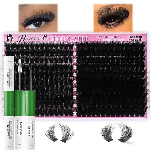 Lash Clusters Kit 100D+200D Mega Lashes Clusters 12-22mm Wispy Individual Thick Volume Eyelash Extensions 280Pcs with Bond and Seal Waterproof DIY Lash Extension at Home, by Hushlibaby(Plant Fiber) - Image 1