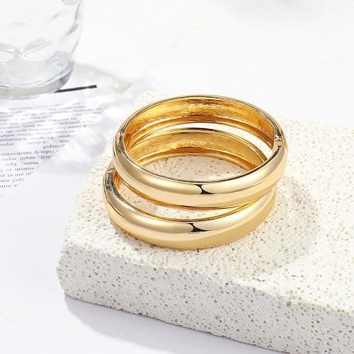 A Golden Cloud 2Pcs Bangle Bracelets for Women Gold Arm Cuff 14k Gold Plated Chunky Gold Bangle Set Hinged Cuff Bracelets Trendy Arm Cuff Jewelry for Women thumbnail 5