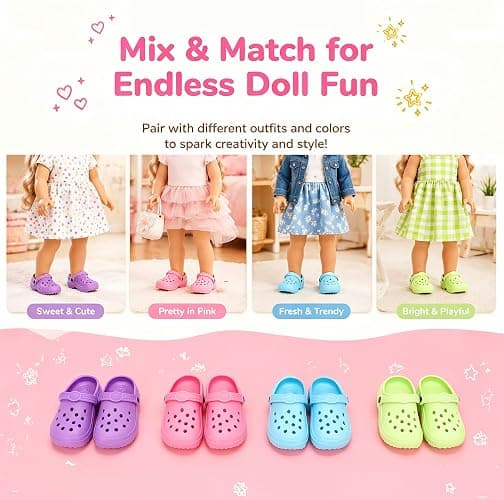 HXIELEC 4 Pairs 18 Inch Doll Shoes, EVA Clogs, Slip-On Dress Up Set | 4 Colors Endless Styling Doll Outfit Essential Cute Colors Easy Slip-On Design Gift-Ready Dress Up Set thumbnail 4