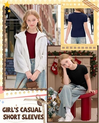 YooAurvox 3 Pack Girls' Short Sleeve T-Shirts Kids Ribbed Soft Tees Crew Neck Slim Basic Tops Solid Color 5-14 Years thumbnail 5