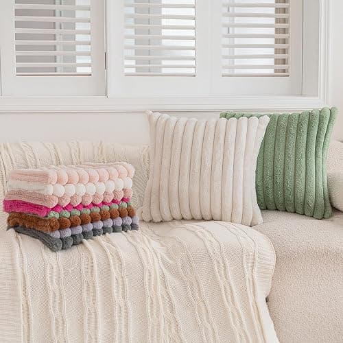 BAOLIZEGAO Double-Sided Faux Fur Plush Throw Pillow Covers 18x18 Set of 2 Fuzzy Striped Soft Cozy Pillowcase Luxury Decorative Pillows Square Shaggy Cushion Covers for Couch Sofa Bed,Cream White thumbnail 6