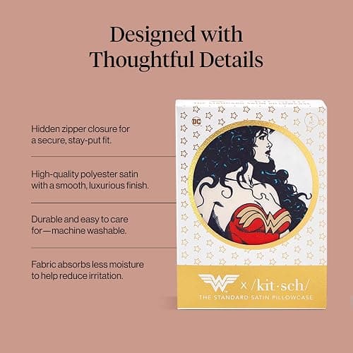 Wonder Woman x Kitsch Satin Pillowcase with Zipper for Hair & Skin - Softer Than Silk Pillow Cases, Cooling Satin Pillow Case, Wrinkle-Free Pillow Cases Standard Size (19x26) - Believe in Wonder thumbnail 4