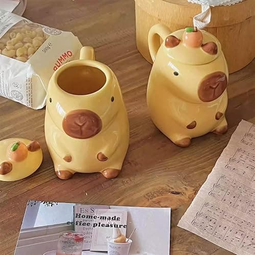 LLFH Capybara Mug Capybara Gifts Tumbler 16 Oz Ceramic Coffee Mugs With Lid Tea Kapibara Cup Funny Unique Gift （Yellow） thumbnail 5
